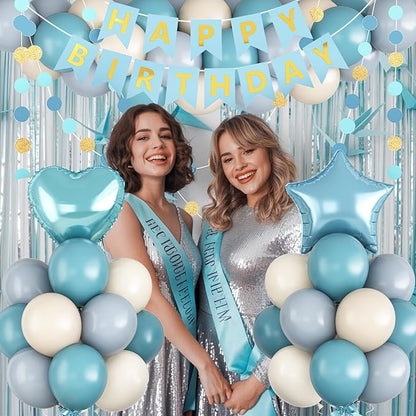 Blue Birthday Party Decorations for Boys Men Dusty Blue Sand White Balloon Set with Star Heart Foil Balloons Happy Birthday Bunting Banner Garland Navy Light Cream Beige Party Decor Kit Baby Girls