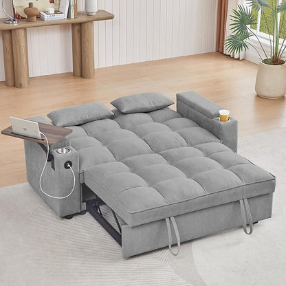 65'' 3-in-1 Folding Convertible Sofa Bed, Queen Size Pullout Sofa, Modern Chenille Fabric, 360° Swivel Side Table, Easy Assembly, Perfect for Living Room