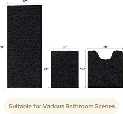 HOMEIDEAS 3 Pieces Bathroom Rugs, Extra Large Ultra Soft Non Slip Absorbent Chenille Toilet Bath Mat Set (Black)