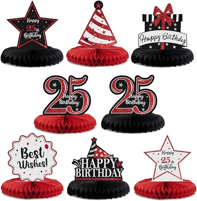 Happy 25th Birthday Decorations,25th Bday Red Glitter Shiny Stand Honeycomb Table Centerpieces - Cheers to 25 Years Old Birthday Party Photoprop Gift Sign.