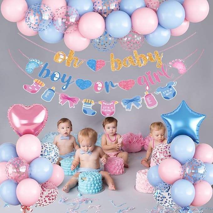 Gender Reveal Decorations Pink Blue Boys or Girls Balloon Set with Star Heart Foil Confetti Balloons Oh Baby Bunting Banner Socks Bottle Paper Garland Pastel Pink Blue Baby Shower Party Decor Kit