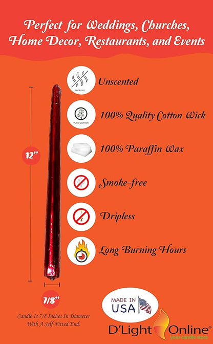 D'light Online Elegant 12" Unscented Metallic Red Taper Candles, Premium Quality Hand-Dipped Tapered Candles, Dripless and Smokeless - Set of 12 (12 Inch, Metallic Red)