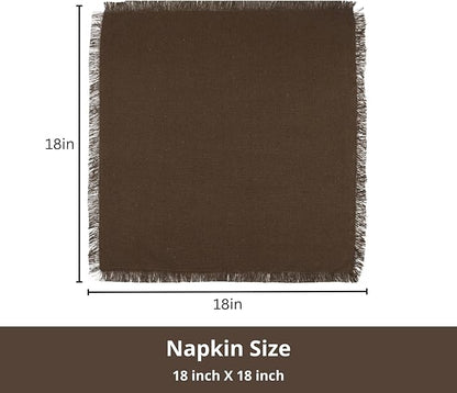 PurpleEssences Cloth Napkins with Fringes, 100% Cotton Christmas Holiday Winter Table Decor, Set of 6 18x18 Inch Reusable Dinner Napkins for Parties and Weddings - Brown