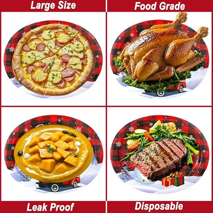 100Pcs Christmas Oval Paper Plates and Napkins -10" x 12" Large Disposable Party Plates, Christmas Party Supplies Dinnerware Set
