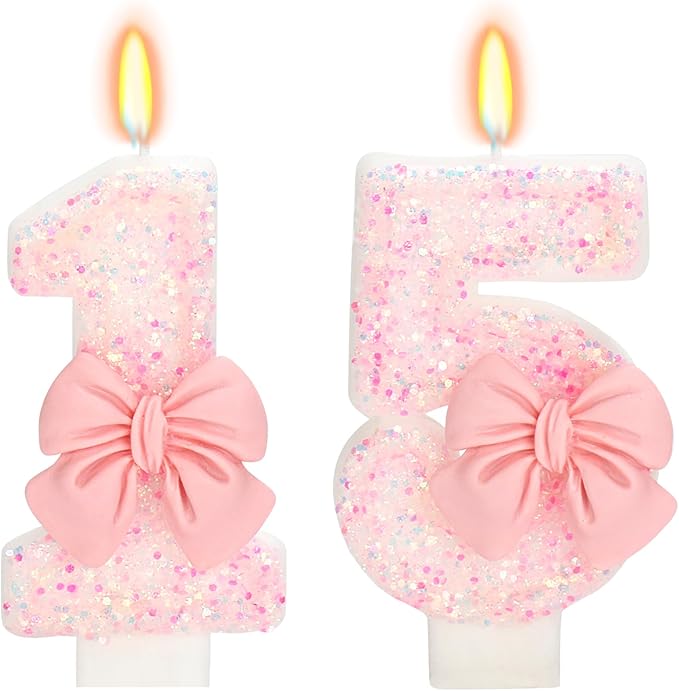 Number 15 Pink Bow Birthday Candle, 3" Tall, Smokeless & Non-Toxic, 2 Pack