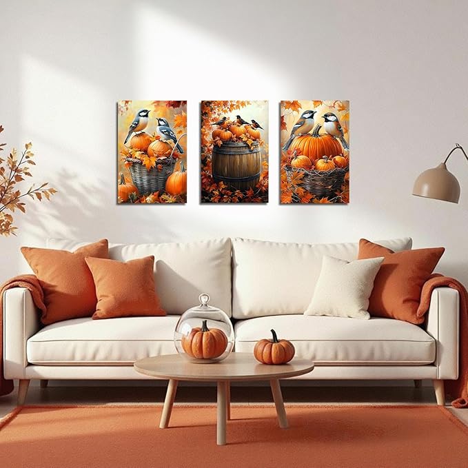 YMXDYMJSW Autumn Wall Art 3 Pieces Pumpkin with Sparrows Picture Prints Fall Harvest Birds Canvas Painting Thanksgiving Theme Artwork for Farmhouse Decor Frame (Yellow,24.00" x 36.00" x 3PCS)