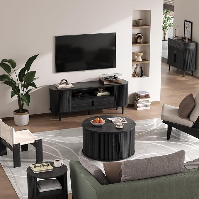 31.5" Black Round Lift Top Coffee Table, Modern Fluted Drum Center Table with Hidden Storage, Minimalist Circle Wood Desk for Living Room & Small Apartment