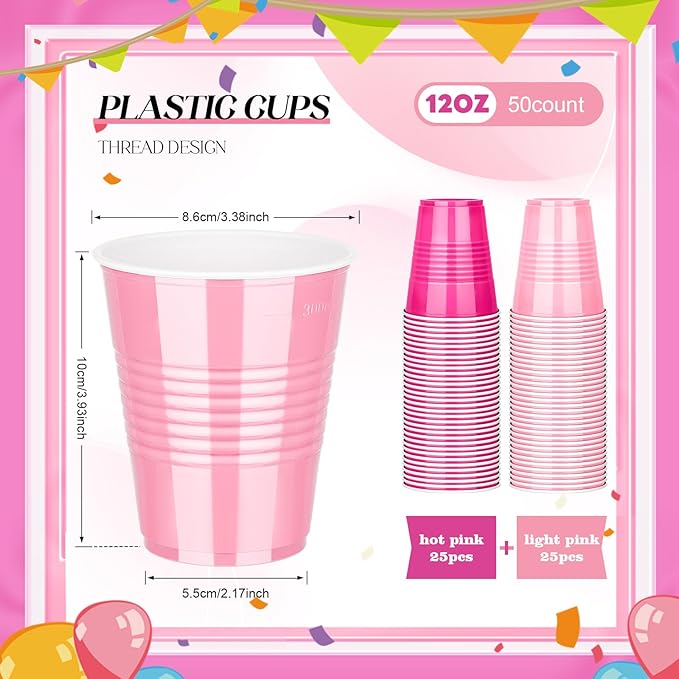 KesaPlan 50 PCS 12 OZ Plastic Cups, Party Cups Light Pink and Hot Pink Cups Disposable Drinking Cup Bulk For Bachelor Party Christmas Graduation Wedding Birthday Halloween Picnic Festive Celebrations