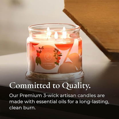 PartyLite Wild Rhubarb & Citrus Scented, Notes of Jasmine, Rhubarb and Creamy Sandalwood and White Musk, 13.2oz 3-Wick Jar Candle, 45 Hour Burn Time, Luxurious Fragrance, Ideal for Gifting