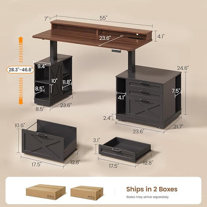 SEDETA Farmhouse Electric Standing Desk, 55" Height Adjustable Computer Desk with 3 Drawers, File Cabinet, Storage Shelves, Power Outlets, Wood Home Office Desk for Work, Study, Writing, Black