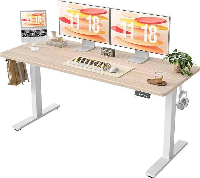 TIQLAB Electric Standing Desk, Adjustable Height Stand up Desk, 63 * 24 Inches Sit Stand Home Office Table with Splice Board, Light Walnut