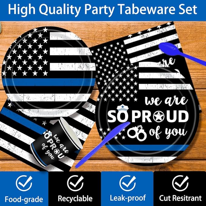 142Pcs Police Academy Graduate Party Supplies We Are So Proud Of You Police Theme Plates and Napkins Congrats Officer Party Decorations for Police Retirement Grad Graduation Promotion Party Serves 24