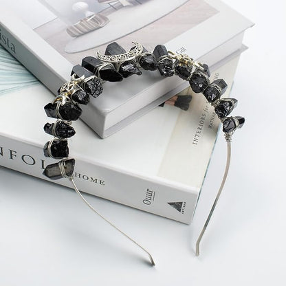 Black Natural Quartz Tiara Headband, Rhinestone Crown Headwear Halloween Masquerade Party Headpiece for Women Girls