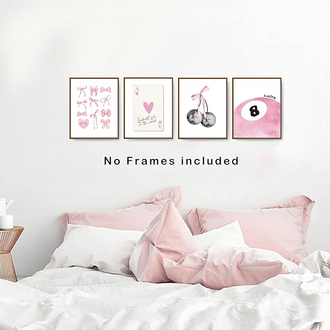 Pink Coquette Trendy Preppy Wall Art Prints Set of 4, Coquette Room Decor, Preppy Room Decor Aesthetic, Pink Bow Disco 8 Ball Cherry Wall Decor Posters for Girls Bedroom Dorm, 8x10 Unframed