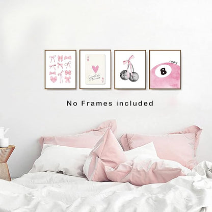 Pink Coquette Trendy Preppy Wall Art Prints Set of 4, Coquette Room Decor, Preppy Room Decor Aesthetic, Pink Bow Disco 8 Ball Cherry Wall Decor Posters for Girls Bedroom Dorm, 8x10 Unframed