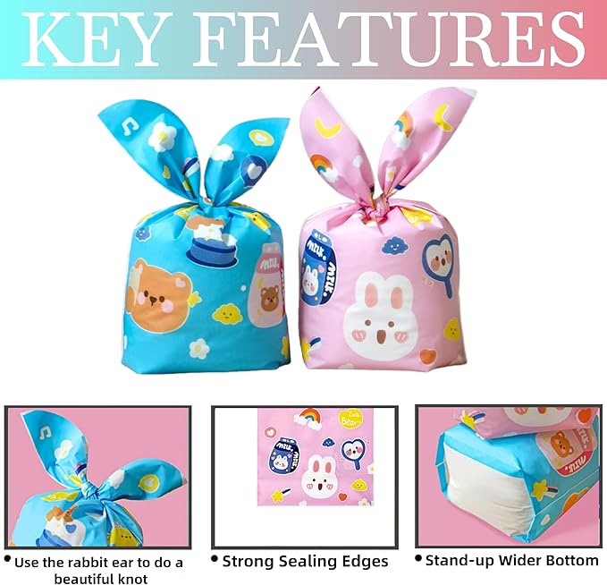 FERENLI 50 Pack Reusable Easter Gift Bags with Bunny Ears Goodie Treat Plastic Snack Candy Bags for Rabbit Bunny Birthday Party Favor Supplies (2 Mixed Colors, 5.3x9.1 inch(13.5x23 cm))