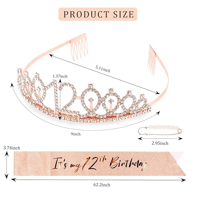CIEHER 12th Birthday Crown + 12th Birthday Sash + Pearl Pin Set, It's My 12th Birthday Sash, 12 Birthday Tiara, 12th Birthday Decorations for Girls, 12th Birthday Gifts