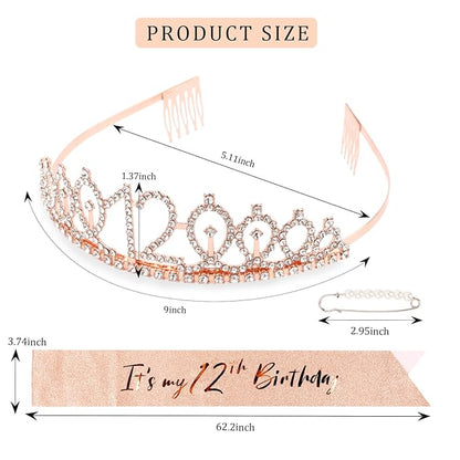 CIEHER 12th Birthday Crown + 12th Birthday Sash + Pearl Pin Set, It's My 12th Birthday Sash, 12 Birthday Tiara, 12th Birthday Decorations for Girls, 12th Birthday Gifts