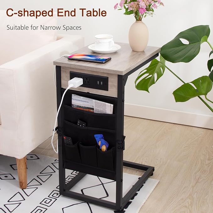 AMHANCIBLE Couch Table, C Shaped End Table with Charging Station, TV Tray Set of 2, Side Table with Storage for Couch, Grey HET04CGY-1