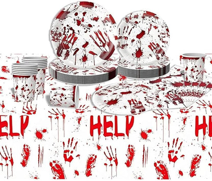 97PCS Scary Halloween Party Supplies Set Bloody Handprint Tableware Decorations Zombie Birthday Themed Party Haunted House Disposable Paper Plates,Cups and Tablecloth(24 Guest)