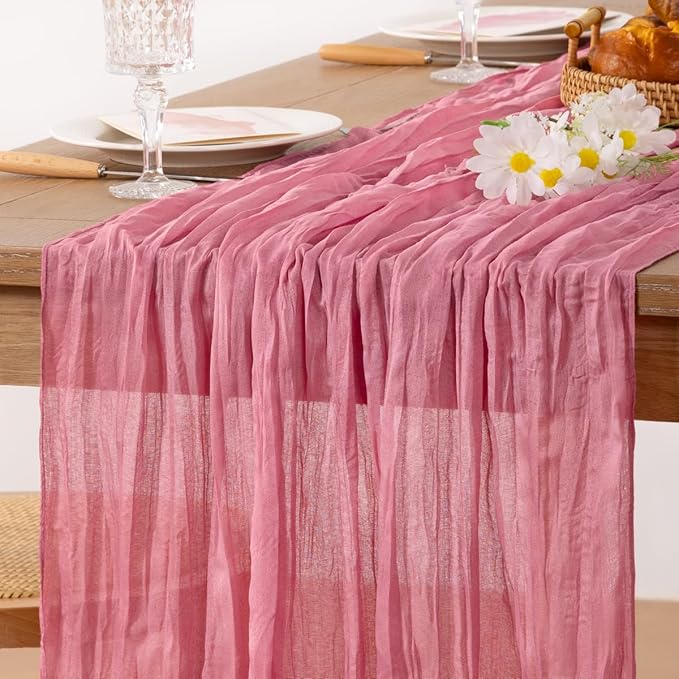 MLMC 3 Pack Mauve Pink Table Runner 10ft Sheer Gauze Cheesecloth Table Runner Bulk Rustic Winter Decor 35x120 Inches for Boho Wedding Bridal Baby Shower Birthday Party Decor