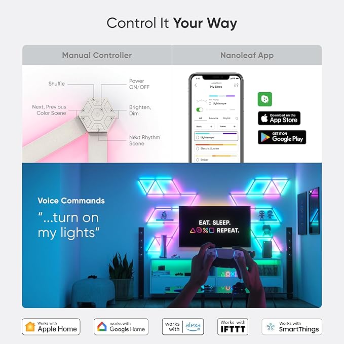 Nanoleaf Lines LED Wall Lights, RGBW Smart Geometry Wall Light Bar with Music & Screen Sync, WiFi Wall Light Panels with Alexa & Google Assistant for Gaming Room, Streaming (Expansion Pack, 3 Lines)