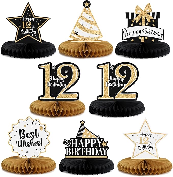 Happy 12th Birthday Decorations,12th Birthday Gold Glitter Shiny Stand Honeycomb Table Centerpieces - Cheers to Twelve Years Old Birthday Party Photoprop Gift Sign.