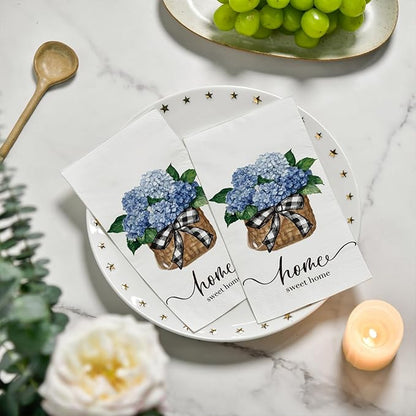 Horaldaily 50 Disposable Paper Decorative Guest Napkins, Blue Hydrangea Bouquet Sweet Home Hand Towel for Party Lunch Dinner Kitchen Bathroom