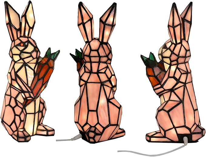 Bieye L10949 Rabbit Holds Carrot Tiffany Style Stained Glass Accent Table Lamp for Home Decor (Pink)