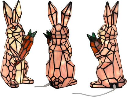 Bieye L10949 Rabbit Holds Carrot Tiffany Style Stained Glass Accent Table Lamp for Home Decor (Pink)