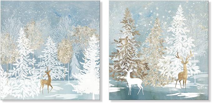 SEVEN WALL ARTS Christmas Wall Art Moose Deer Picture Wall Decor Natural Elk Canvas White Snow Trees Posters Snowflake Winter Blue Decorations for Living Room Farmhouse Bathroom Holiday Decor