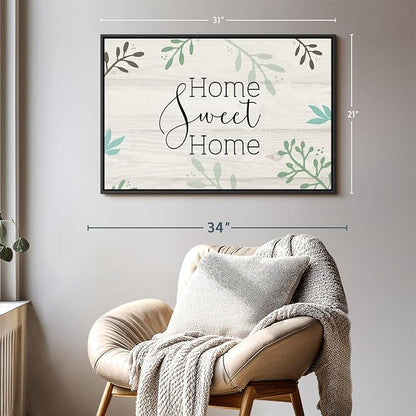 Elephant Stock Home Sweet Home Foliage Wall Art - Horizontal Floating Framed Canvas - 1-Piece Living Room Wall Decor - Leaf Digital Art Canvas Print - Beige and Black Decor for Wall by Susan Jill - 31" X 21"