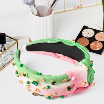 PANTIDE Witch Musical Jeweled Knotted Headband - Witch Musical Fans Gift Pearl Crystal Embellished Headband Wide Top Knot Fashion Pink Hairband Accessories Birthday for Women Girls (Green Rhinestone)