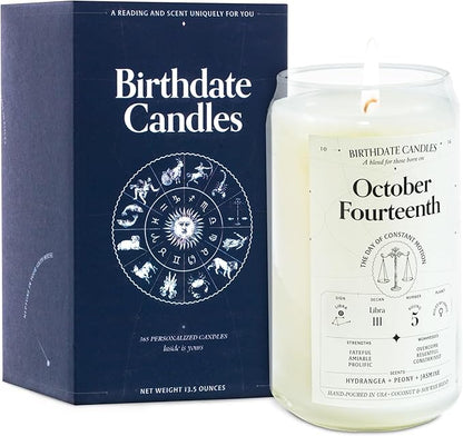 Birthdate Candles, October 14 - Libra Zodiac Scented Candles Birthday Gift - Hydrangea, Peony & Jasmine Scent - All-Natural Soy & Coconut Wax, 60-80 Hour Burn Time - Made in USA