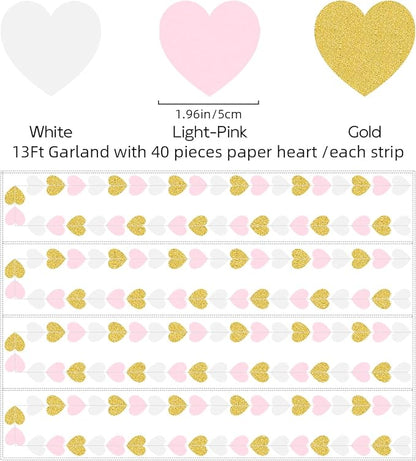 White Gold Pink Party-Decorations - 52Ft Paper Heart Streamers Garland Banner Women Birthday Bridal Shower Wedding Bachelorette Engagement Hanging Decor HongTongTong