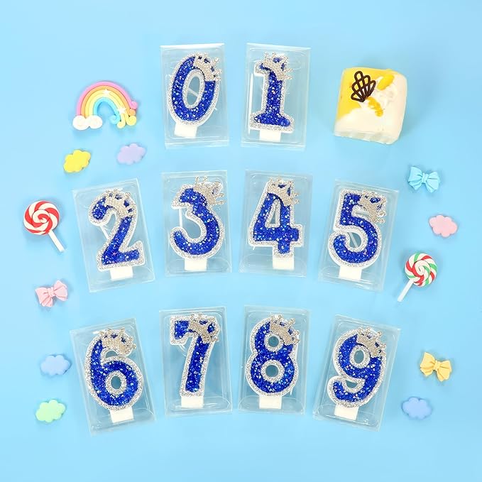 Blue Birthday Candle Crown Number 8 Candle with Sequins Cake Candles Cupcake Decorations Party Decor for Anniversary Celebrations Supplies