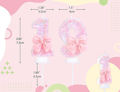 Number 19 Candle Pink Sequins and Bowtie 19th Cake Topper, 19 Birthday Candle for Girls Pastel Sweet Theme Birthday Party or Adults Milestone Age Decoration
