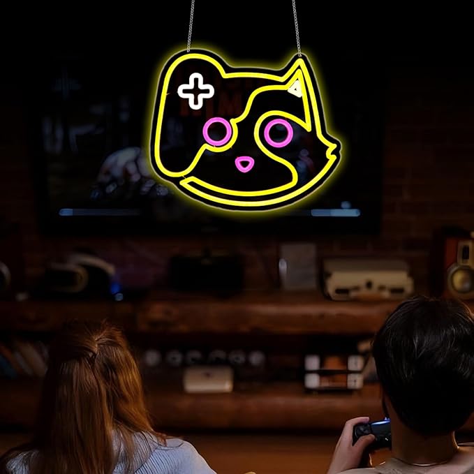 Game Cat Neon Sign, Neon Signs for Wall Decor Neon Lemon Yellow LED Signs Gaming Room Neon Light Up Signs Home Decor for Bedroom Club Party Bar Shop USB Operated