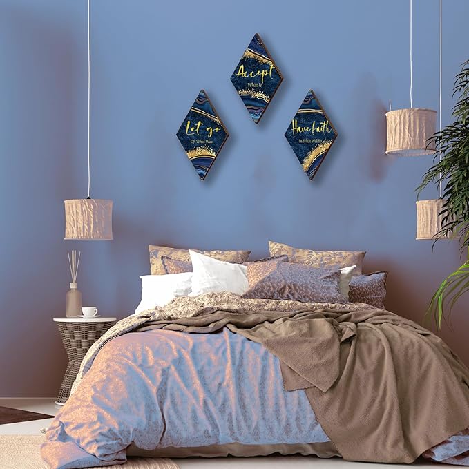 3Pcs Blue And Gold Bathroom Decor Gold Wall Decor with Accept Let Go Have Faith Quote Rustic Vintage Farmhouse Wooden Hanging Signs for Women Home Laundry Living Bedroom(12x7)