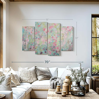 ElephantStock Dancing Sakura Tree Wall Art - Horizontal Canvas - 4-Piece Living Room Wall Decor - Painting Abstract Canvas Print - Pink and Blue Decor for Wall by Ann Marie Coolick - 52" X 32"