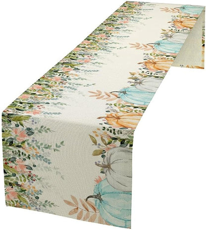 Fall Table Runner Blue Pumpkin Colorful Eucalyptus Leaves Thanksgiving Orange Green Watercolor Illustration Decor for Farmhouse Indoor Outdoor Party Holiday Dining Kitchen Restaurant Cafe W13xL108in