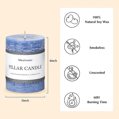 3x4 Inch Blue Pillar Candles Set of 3 - Hand-Poured Unscented Candles, Long Clean Burning, Large Big Candle, Smokeless Dripless Candle for Dinner Table, Wedding, Home, Bathroom, Rustic Decor