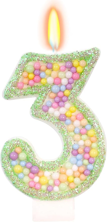 Birthday Candles - Number 3 Candle, Colorful Macaron Candles for Boys/Girls, Green Cake Decorations, Dinosaur Themed Party Supplies