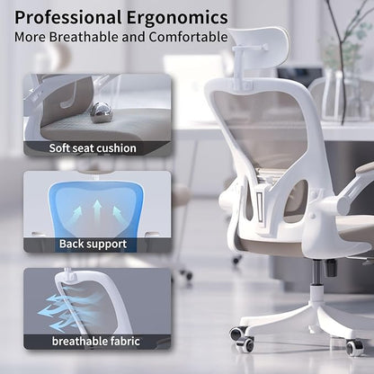 Monhey Office Chair Ergonomic Desk Chair with Lumbar Support&Headrest&Flip-up Arms Height Adjustable Rocking Swivel Computer Chair Multi-Angle from 90° to 125° with 350LBS Capacity (02White+Khaki)