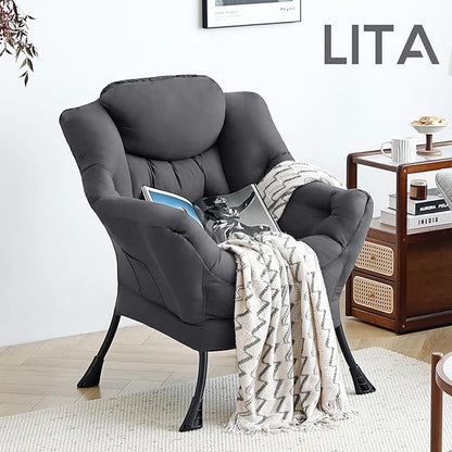 LITA Lazy Chair with Armrests and Side Pocket, Modern Upholstered Accent Reading Chair for Living Room, Bedroom, Dorm, Small Spaces, Single Dark Grey