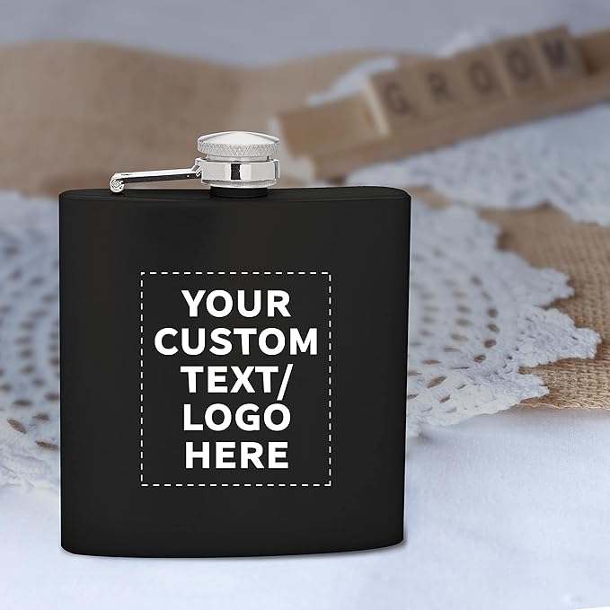 Custom Murano Stainless Steel Hip Flasks 6 oz. Set of 100, Personalized Bulk Pack - Screw on Cap, Great for Wedding Party Gifts, Groomsmen Gifts, Outdoor Activities - Black