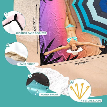 Beach Blanket Waterproof Sandrproof Large Beach Mat 79" X 83" for 2-4 Adults Quick Drying Outdoor Picnic Mat 4 Stakes & 4 Corner Pockets for Travel Picnic Camping Hiking （Gradient Sky&Sea）