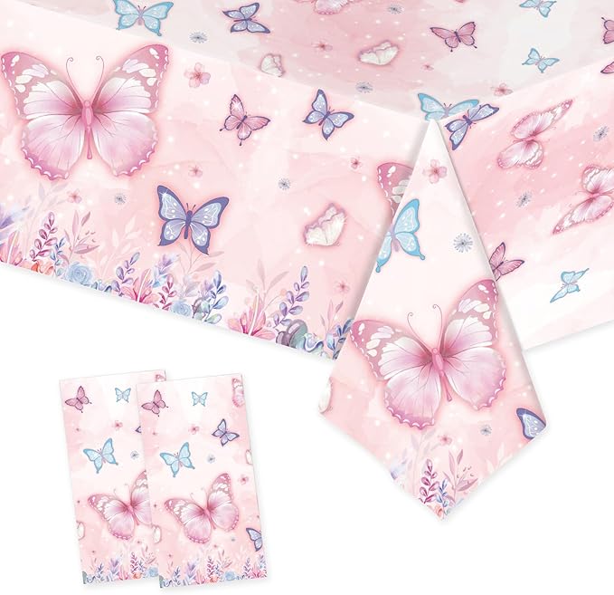 2 Pack Butterfly Tablecloth Plastic 54 X 108Inch, Butterfly Birthday Party Decorations Table Cloth Disposable Rectangle Table Covers for Girls Birthday Party Supplies