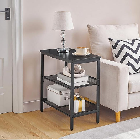 HOOBRO Black Side Table, 3-Tier Metal Side Table, Small Black Table with 2 Flat or Slant Adjustable Shelves for Small Spaces, Hallway, Living Room, Bedroom, Sturdy, Easy Assembly, Black BB23BZ01G1