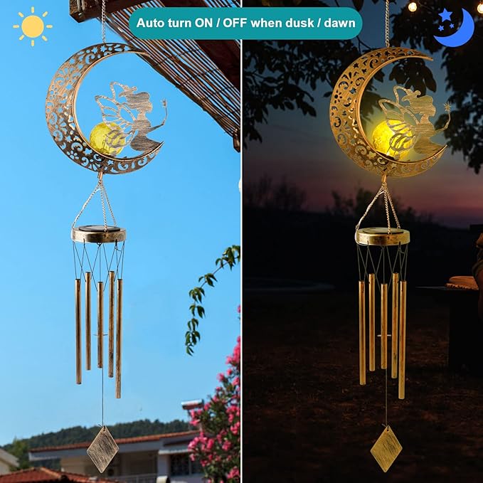 Solar Wind Chimes Moon Fairy Hanging Outdoor Decor Crackle Glass Ball Warm Memorial Wind Chimes Light Patio Lawn Yard Gardening Gifts Birthday Gifts for mom for Grandma Gifts Christmas Decorations
